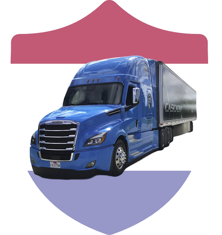 A blue truck is shown in front of the flag.